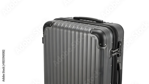 Close-up of a gray, vertically-grooved travel suitcase against a bright white background