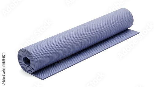 Rolled-up blue exercise mat on white background, partial unrolling visible