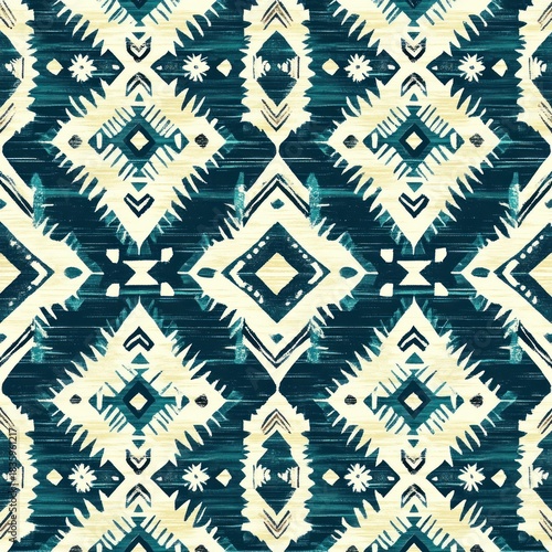 Seamless geometric tribal pattern with diamond shapes and zigzag lines in dark teal and cream colors creating rhythmic and balanced visual texture