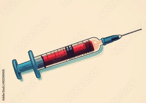 Illustration of a medical syringe filled with red liquid on a light background, symbolizing injection, healthcare, and medical treatment