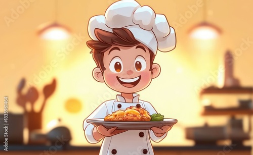 happy young chef wearing white uniform and hat holding a plate of food in a warmly lit kitchen
