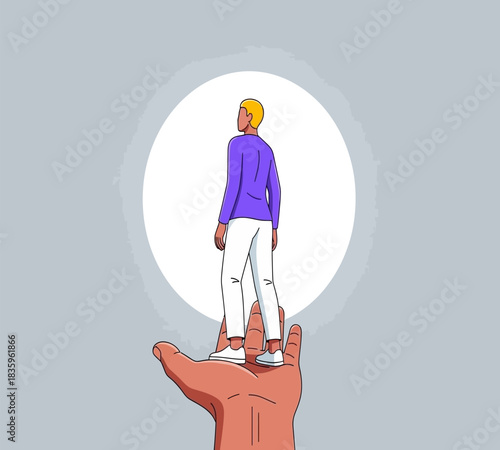 Illustration of a person standing on a hand reaching for a bright light symbolizing support guidance and the pursuit of dreams and aspirations
