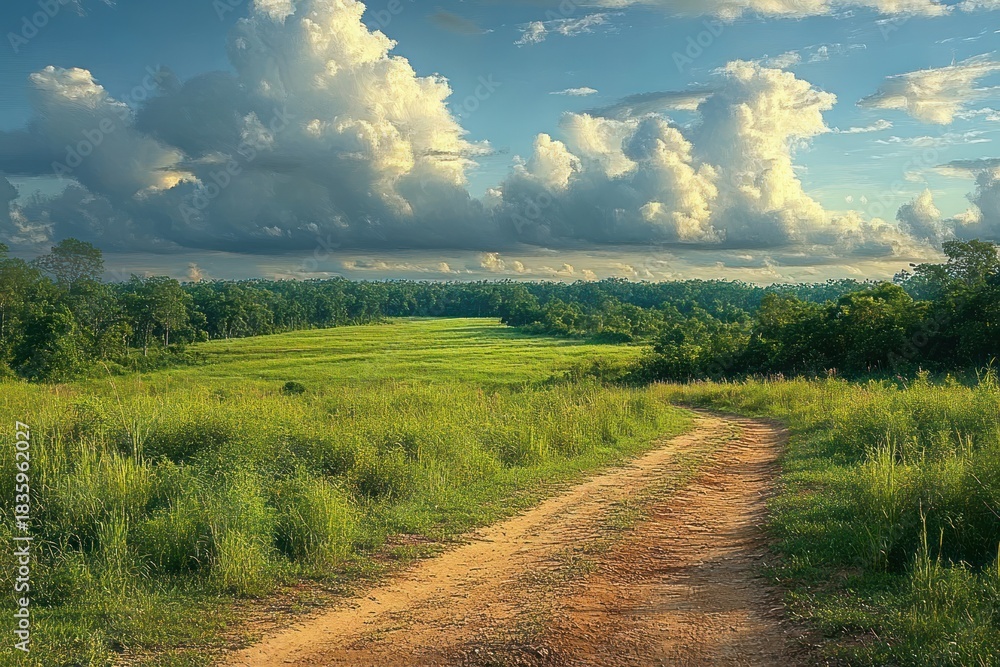 Obraz premium Dirt path winding through lush green grass fields under a sky filled with large fluffy clouds at golden hour
