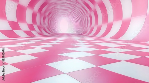 Fototapeta Naklejka Na Ścianę i Meble -  Endless tunnel with pink and white checkerboard pattern creating an abstract, surreal environment with a glowing light at the far end