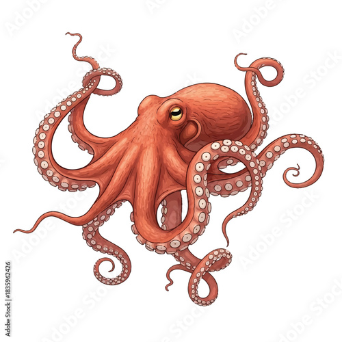 Realistic octopus vector illustration created in a modern 2D flat style, highlighting its numerous coiled tentacles and detailed marine creature appearance on a clean white background.