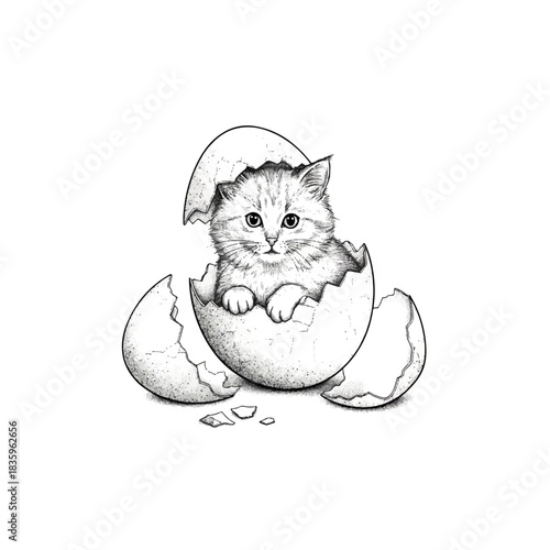 Adorable kitten hatching from an eggshell black and white sketch.