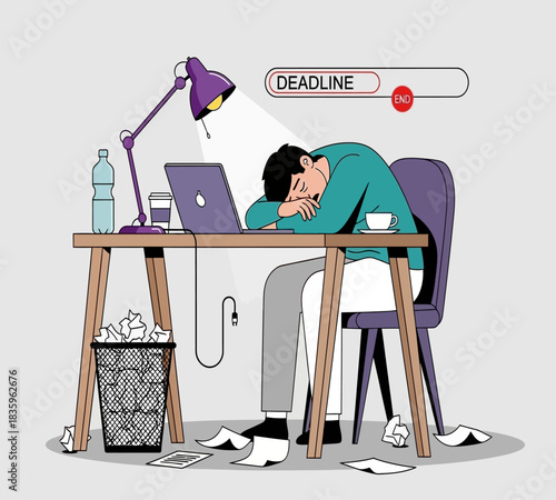 Burnout illustration of a stressed man at his desk with a declining energy bar depicting overwork and exhaustion in a modern style