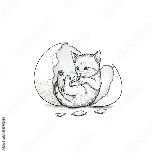 Cute Kitten Hatching from Eggshell.