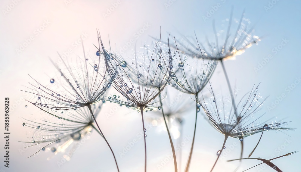 Obraz premium Delicate Dandelion Seeds Adorned with Sparkling Water Droplets Against a Soft Sky.