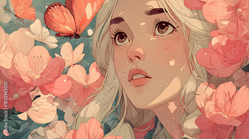 Fashion model lady with floral spring butterfly illustration beauty on face and hair