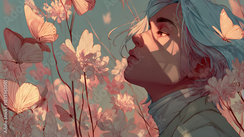 A beautiful fashion lady with floral hair smiling in the autumn forest drawing