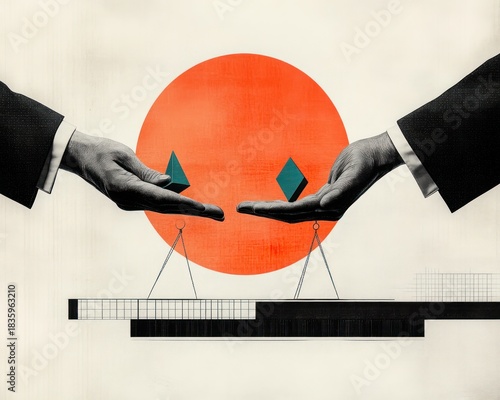 Two hands in suits holding geometric shapes above a balanced scale with a large red circle in the background symbolizing fairness and equilibrium