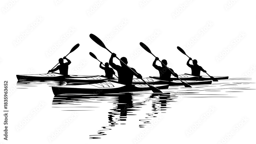 Naklejka premium High-quality black silhouette line art of a group kayaking together on calm water, synchronized paddling, outdoor water adventure, teamwork on a scenic lake