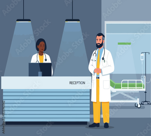 Hospital reception area with diverse medical staff ready to assist patients and visitors creating a welcoming and efficient healthcare environment