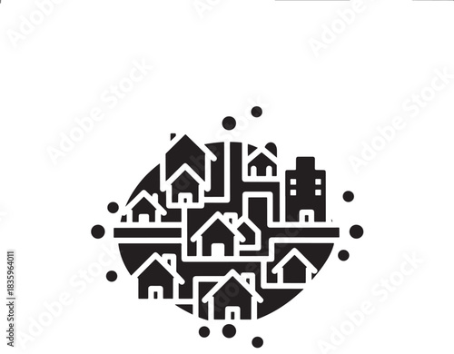 Explore dynamic urban growth with this compelling black and white neighborhood cluster, visualize community connections, and depict real estate development beautifully, a modern graphic