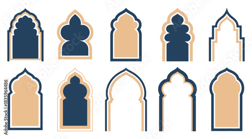 islamic and moroccan arch designs including detailed arch shapes, geometric and floral motifs, suitable for cultural illustration, architectural decoration, ornamental backgrounds, and traditional 