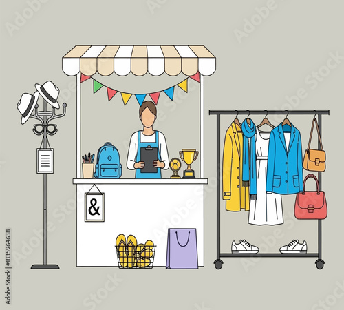 Illustration of a woman selling clothes and accessories at a flea market stall with colorful decorations and merchandise displayed