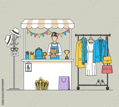 Vibrant flea market stall featuring clothing accessories and a friendly vendor in a hand drawn style illustration