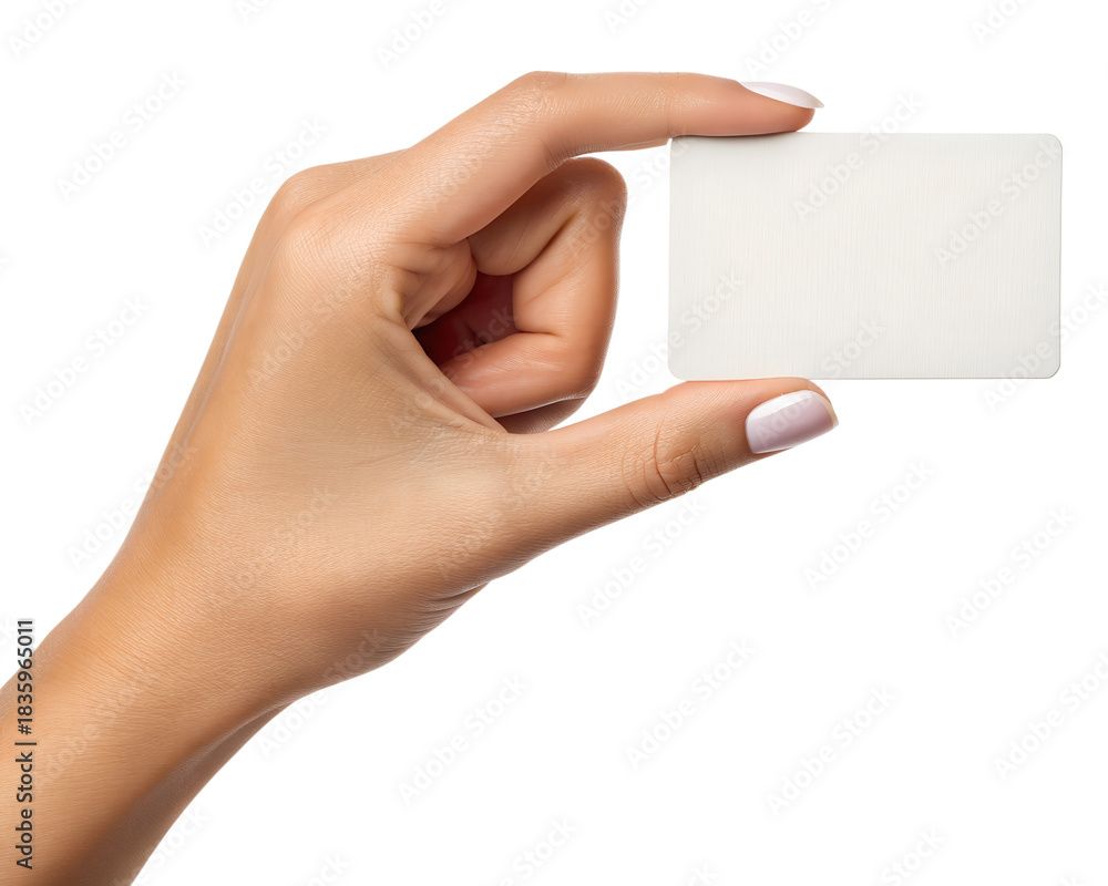 Fototapeta premium Female Hand Holding Blank White Business Card or Paper