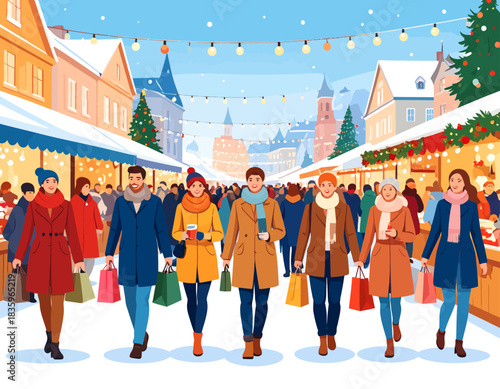 Illustration of a bustling Christmas market scene with people shopping, snow falling, and festive decorations in a European town.