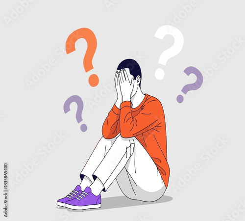 Frustrated man sitting with hands on face surrounded by question marks representing confusion and uncertainty in a minimalist style illustration
