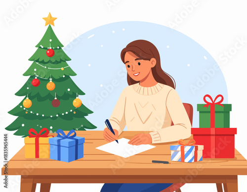 A young woman sits at a wooden table writing a letter with a Christmas tree and wrapped gifts nearby.