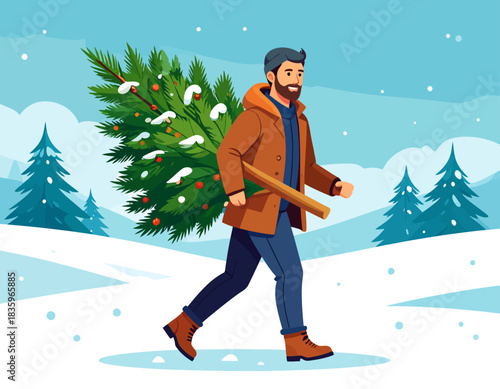 A bearded man in a winter coat carries a freshly cut Christmas tree through a snowy landscape.