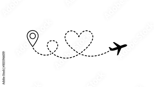 Airplane travel path with heart and destination pin
