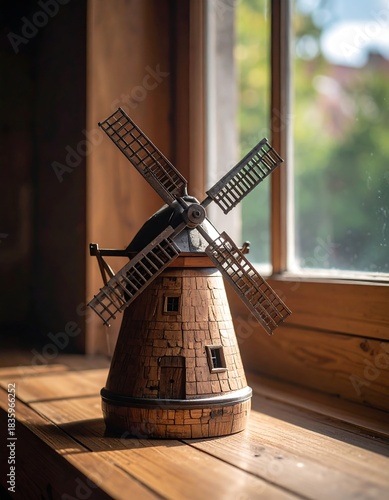 Wooden windmill miniature rests on a windowsill near natural light