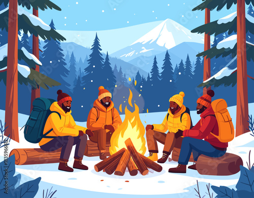 Four hikers with backpacks sit around a crackling campfire in a snowy forest, with a mountain range visible in the background.