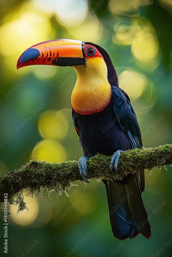 Obraz premium Colorful toucan with a large orange and black beak perched on a moss-covered branch against a soft green bokeh background