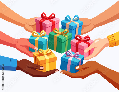Several diverse hands are holding and presenting colorful gift boxes with ribbons and bows, symbolizing generosity and giving.