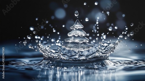 close-up of a water splash forming a shape like a Christmas tree with droplets suspended in air on a dark blurred background