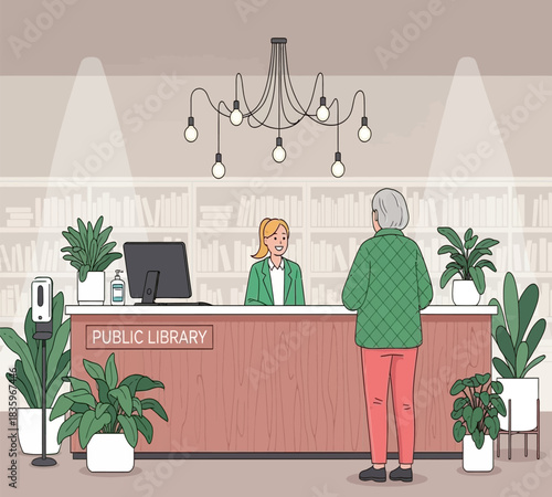 Elegant hotel lobby scene with guest checking in at reception desk surrounded by plants and a decorative chandelier creating a welcoming atmosphere