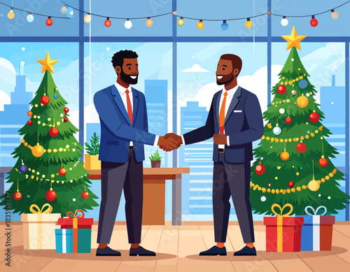 Two businessmen, one African American, shake hands in a modern office decorated for Christmas with trees, gifts, and string lights.