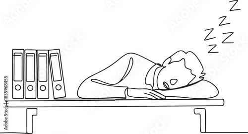 Depicting a person resting their head on a desk next to a stack of files, symbolizing exhaustion or a need for a break