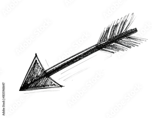Hand-drawn monochrome arrow. Angled, feathered fletching, triangular arrowhead, black background, sketch style