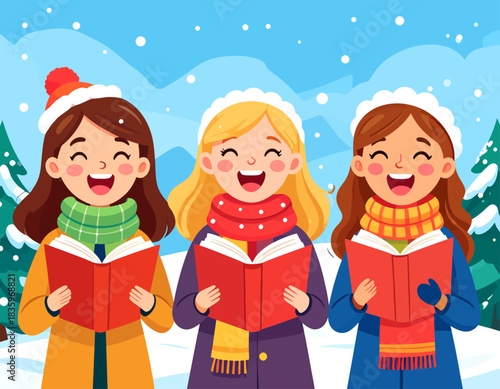 Three young women singing Christmas carols in a snowy winter scene with pine trees and falling snow. The women are holding songbooks and wearing winter clothing.