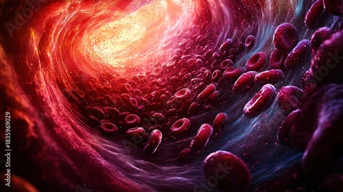 Close-up view of red blood cells flowing through a glowing blood vessel interior with dynamic lighting and vivid red and purple tones