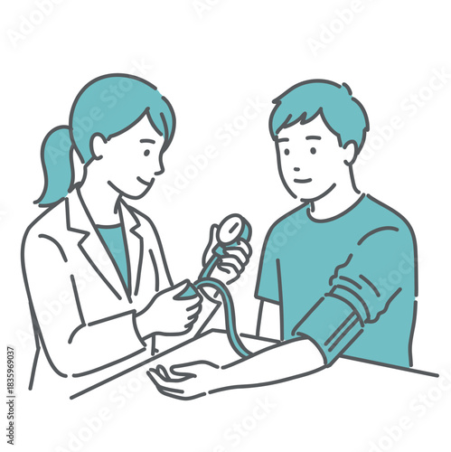女性の医療従事者による男性の血圧測定イラスト