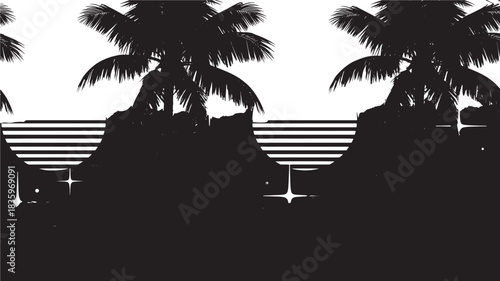 Tropical palm trees silhouette with ocean waves retro vector illustration for summer vacation and travel designs isolated on white