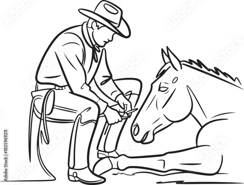 Line art illustration of a cowboy tending to a horse's hoof, depicting traditional ranching care and animal husbandry in a rustic setting