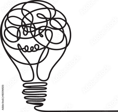 Minimalist line art illustration of a light bulb with a chaotic, tangled filament, symbolizing complex thought processes and creative ideation