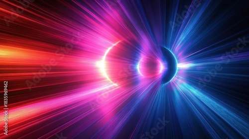 Abstract cosmic scene with radiant glowing spheres emitting colorful light beams in red, pink, purple, and blue hues creating a sense of energy and motion