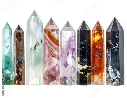 Assortment of crystal wands of various colors, standing in a row on a black background