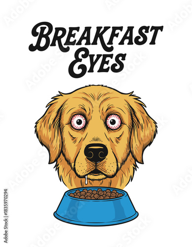 Hungry Golden Retriever Staring at Food Bowl, Breakfast Eyes