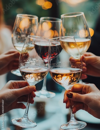 Hands holding and clinking glasses of white, rose, and red wine in a celebratory toast with warm bokeh lights in the background