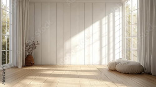Bright minimalist room with large windows casting shadows, wooden floor, beige curtains, a large brown vase with dried branches, and a soft round floor cushion