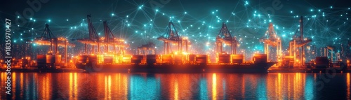 Illuminated shipping port at night with large cargo ship docked and cranes loading containers under a digital network overlay symbolizing connectivity
