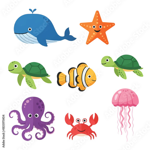 Charming flat 2D vector illustration set of adorable sea animals, including a playful octopus, smiling jellyfish, and happy starfish, isolated on a bright white background.